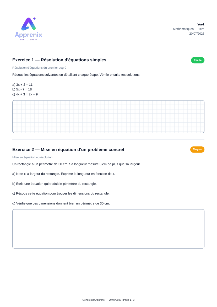 Exercice généré par Apprenix, prêt à imprimer